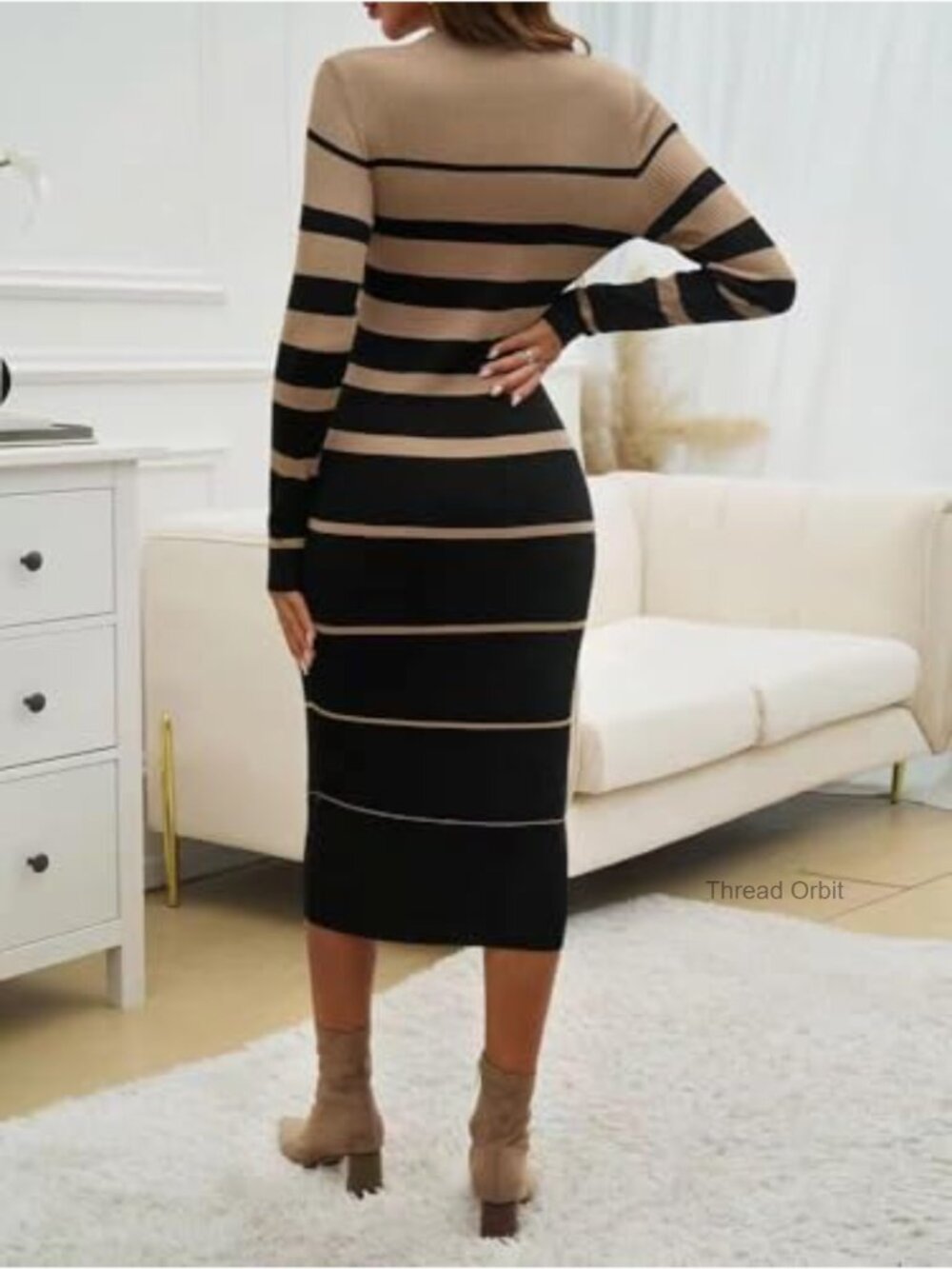 Long Sleeve Bodycon Midi Dress Crew Neck Ribbed Knit Slim Fit Sweater Dress - Picture 4 of 6